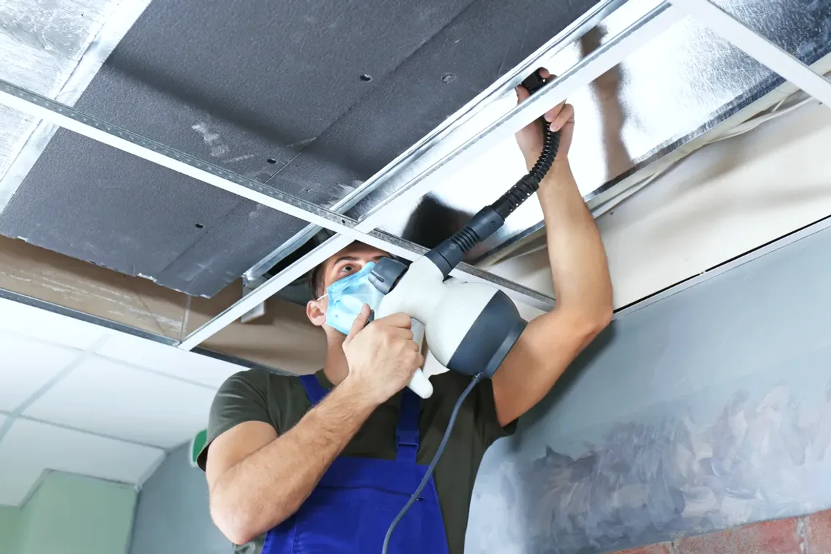 Worker in a mask cleaning a ceiling air duct with a handheld tool