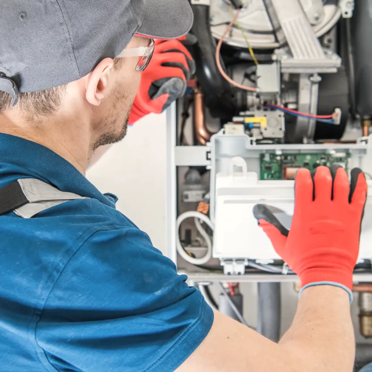 Technician in red gloves servicing a boiler's controls