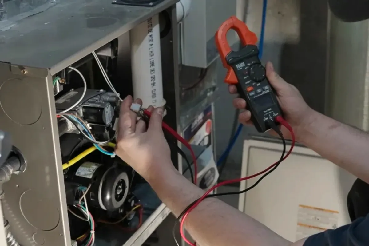Technician testing a furnace's wiring with a clamp meter